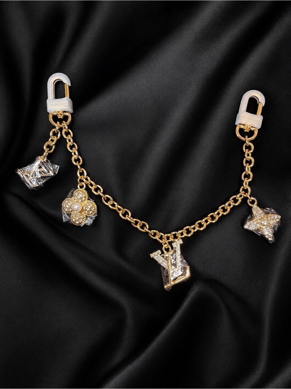 Gold Charm LV Chain Key & Card Holder with Crystal Accents